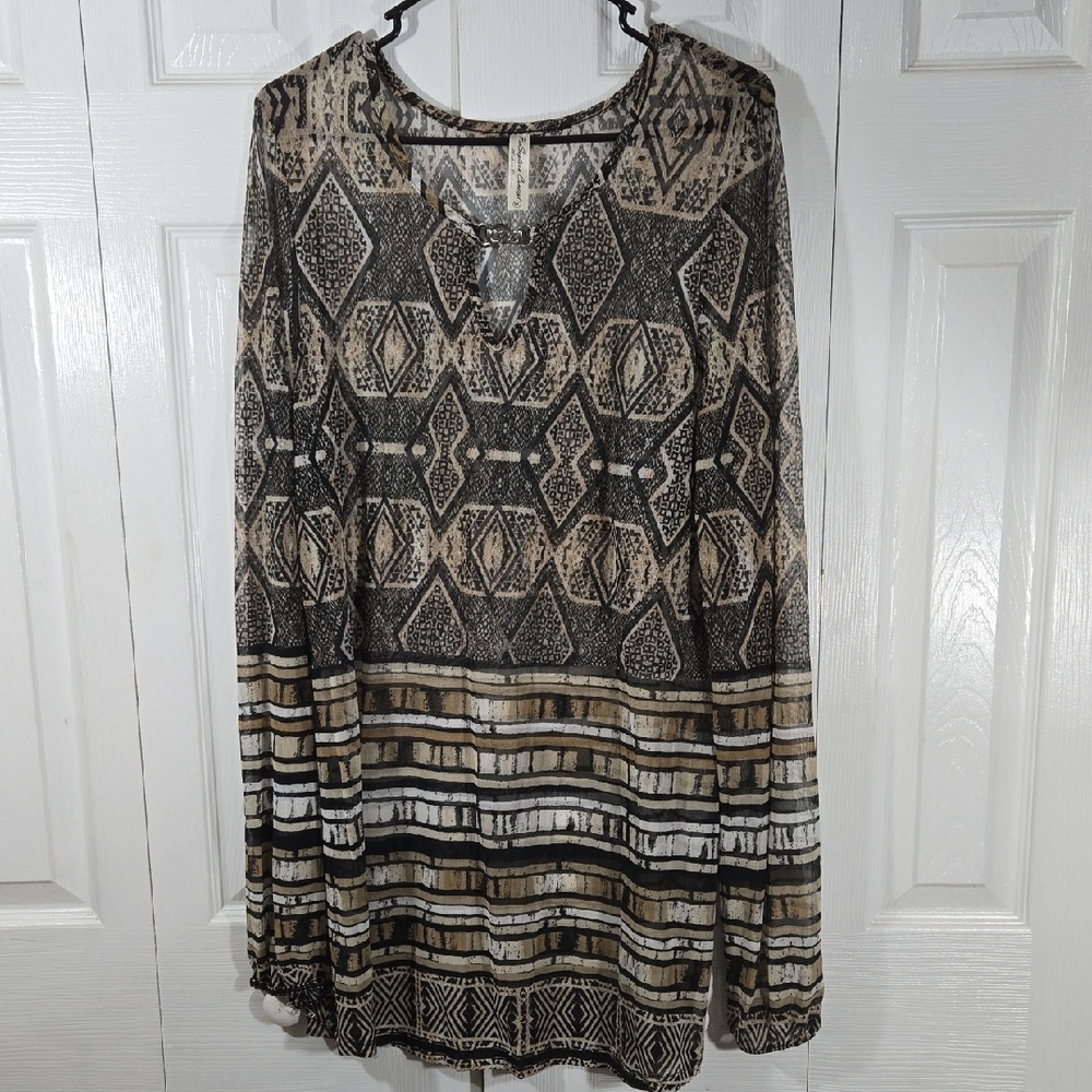 Per-Seption Concept Women XL Geometric Long Sleeve Top - Black and Brown